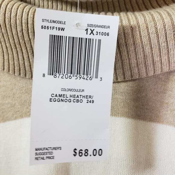 New JEANNE PIERRE 1X Tan, Ivory Cream Stripe Cowl Neckline Sweater NWT - Picture 7 of 9